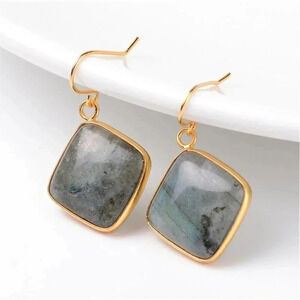 Puffed Diamond Shape Labradorite Gemstone Pendant Gold Plated Trim Earrings